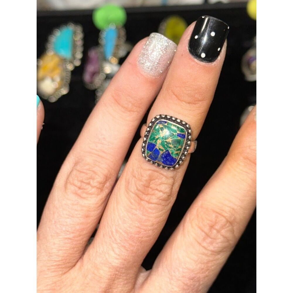 Square Copper Azurite Sterling Overlay Ring Size 5